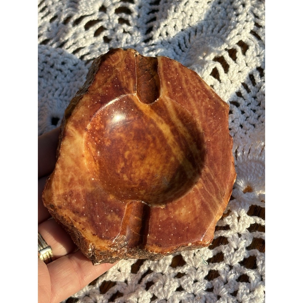 Vintage Alabaster Ashtray - Italian Handcarved Marbled Red-Orange
